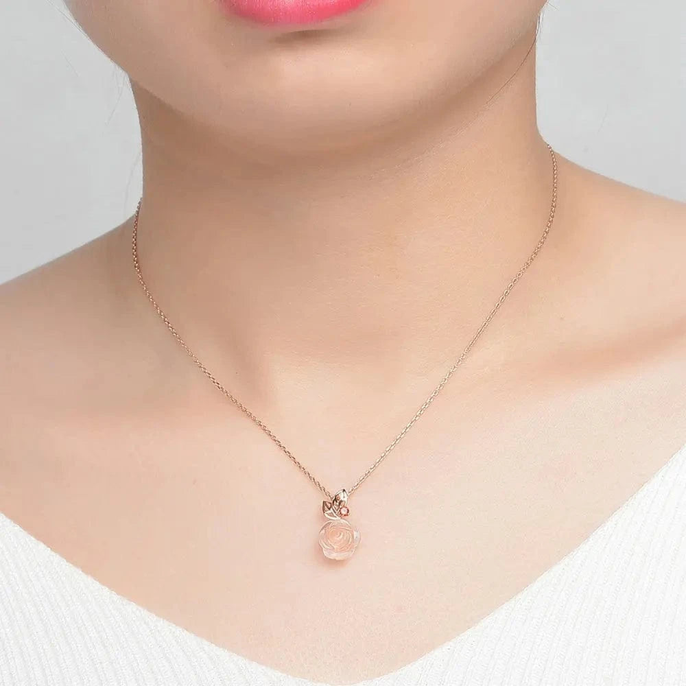 NI025+CI004 Trendy Natural Gemstone Rose Quartz 925 Sterling Silver Jewelry Flower Necklace S925 For Women NI025