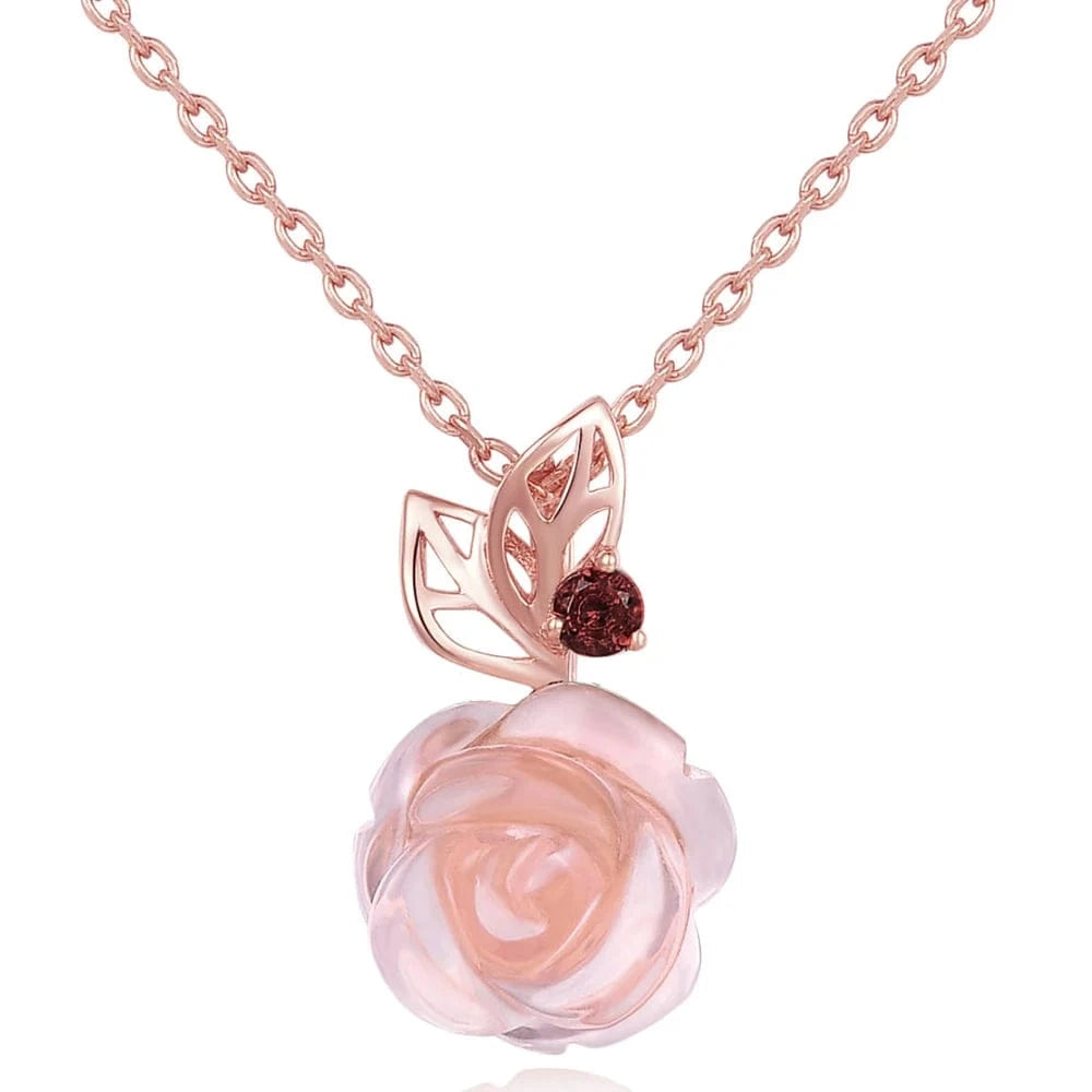 NI025+CI004 Trendy Natural Gemstone Rose Quartz 925 Sterling Silver Jewelry Flower Necklace S925 For Women NI025