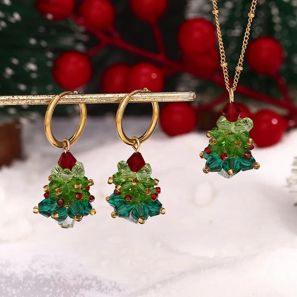 Nice cute earrings Christmas tree vintage jewelry shining glass beads earrings necklace jewelry set christmas gift for girls