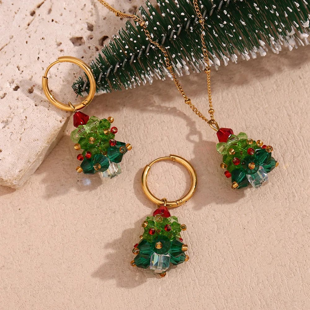 Nice cute earrings Christmas tree vintage jewelry shining glass beads earrings necklace jewelry set christmas gift for girls