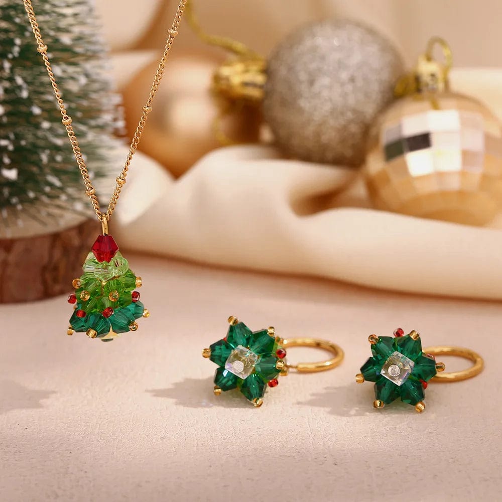 Nice cute earrings Christmas tree vintage jewelry shining glass beads earrings necklace jewelry set christmas gift for girls