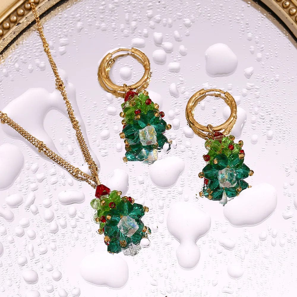 Nice cute earrings Christmas tree vintage jewelry shining glass beads earrings necklace jewelry set christmas gift for girls