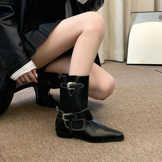 Niche Design Metal Buckle Ankle Boots Women 2025 New Vintage Thick Heel Square Head Knight Boots Comfortable Low Heel Boots