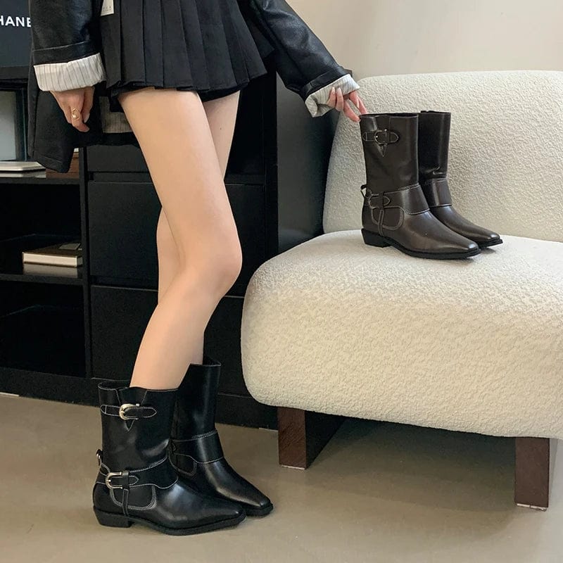 Niche Design Metal Buckle Ankle Boots Women 2025 New Vintage Thick Heel Square Head Knight Boots Comfortable Low Heel Boots