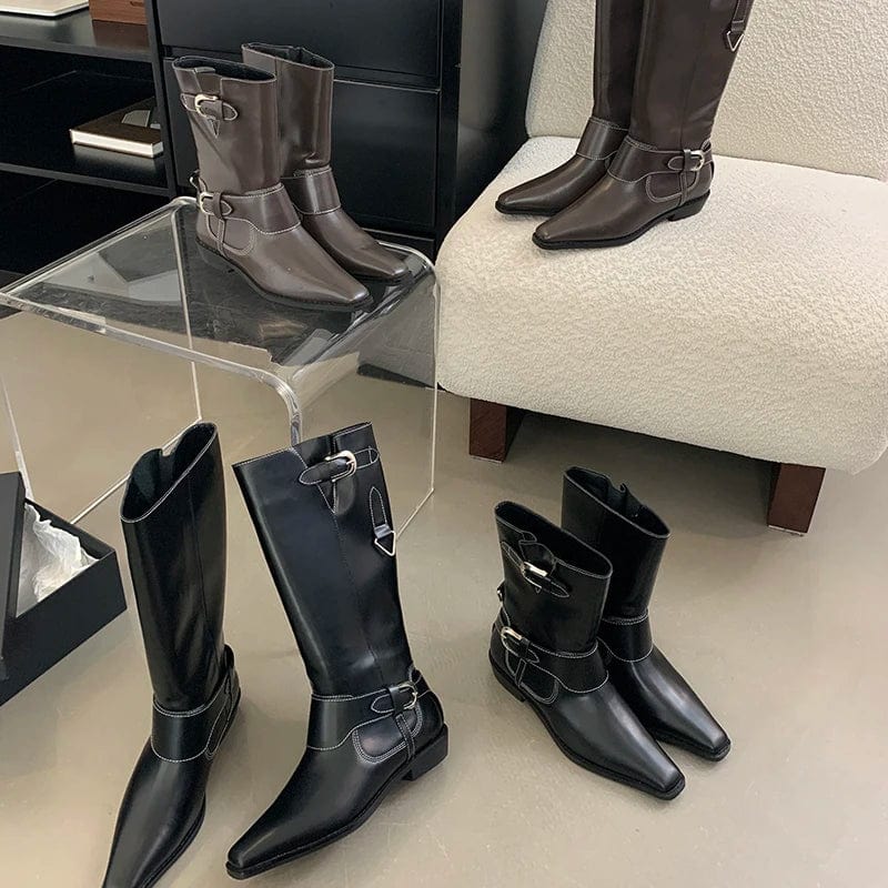 Niche Design Metal Buckle Ankle Boots Women 2025 New Vintage Thick Heel Square Head Knight Boots Comfortable Low Heel Boots