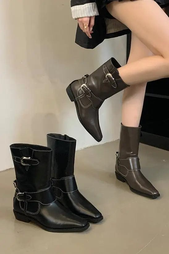 Niche Design Metal Buckle Ankle Boots Women 2025 New Vintage Thick Heel Square Head Knight Boots Comfortable Low Heel Boots