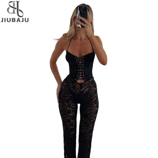 Night Club Wear Y2K Romper Sleeveless Backless Lace Up Halter Skinny Hollow Out Jumpsuit For Women