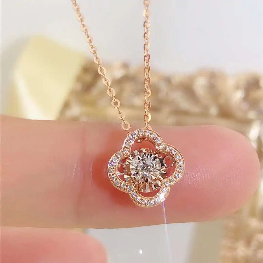 NINE'S Luxurious Classic Fashion Design 18K Real Gold Diamond Clover Pendant Necklace Women Fine Jewelry