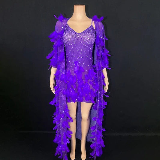 NOVANCE 2024 purple feather sexy mini shiny diamonds elegant evening dress with cape women sling plus size clothes for evening
