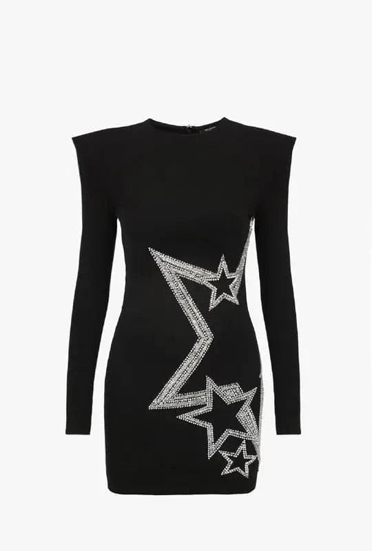 Novance B3132 Fast Air Shipping China to Canada Crystal Star Pattern Black Satin Dress Formal Bodycon Dress Women Elegant Outfit