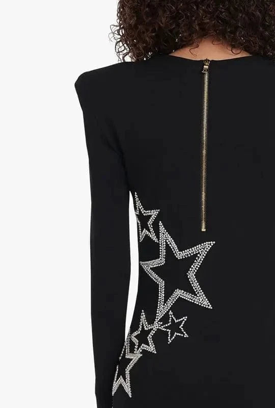 Novance B3132 Fast Air Shipping China to Canada Crystal Star Pattern Black Satin Dress Formal Bodycon Dress Women Elegant Outfit