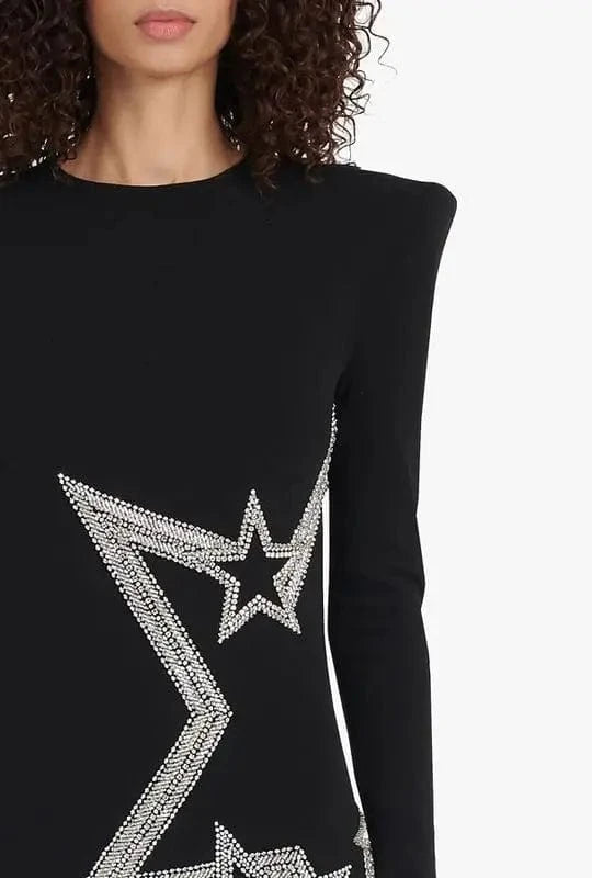 Novance B3132 Fast Air Shipping China to Canada Crystal Star Pattern Black Satin Dress Formal Bodycon Dress Women Elegant Outfit