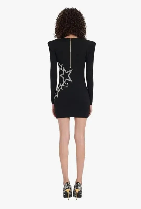 Novance B3132 Fast Air Shipping China to Canada Crystal Star Pattern Black Satin Dress Formal Bodycon Dress Women Elegant Outfit