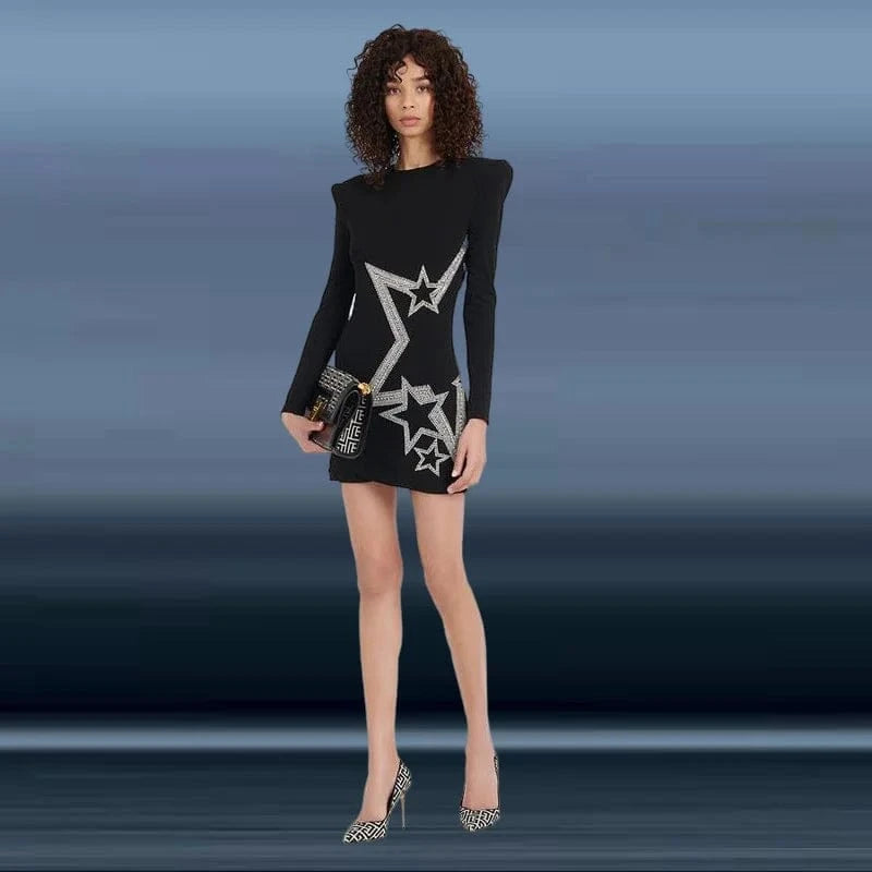 Novance B3132 Fast Air Shipping China to Canada Crystal Star Pattern Black Satin Dress Formal Bodycon Dress Women Elegant Outfit