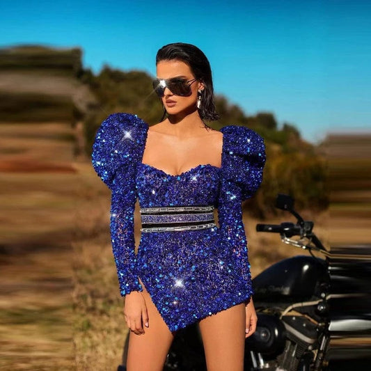 Novance F3019 Vendors For Clothing Shinny Bling Sequin Gala Dress Puff Sleeve High Slit Club Vestidos De Fiesta Mujer Azul Rey