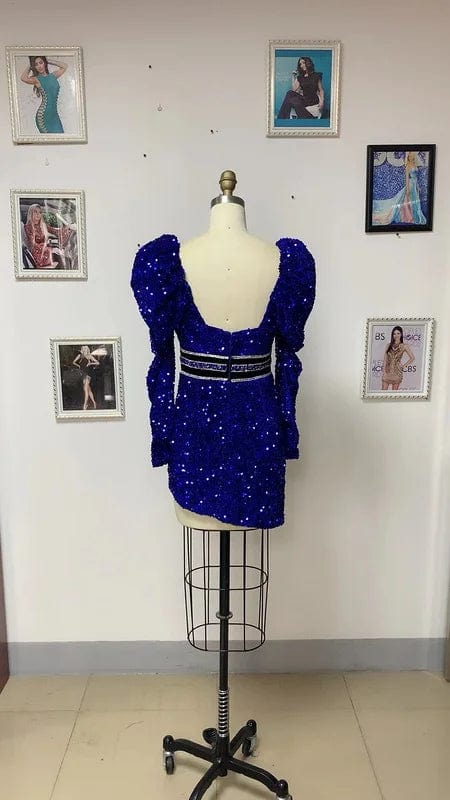 Novance F3019 Vendors For Clothing Shinny Bling Sequin Gala Dress Puff Sleeve High Slit Club Vestidos De Fiesta Mujer Azul Rey