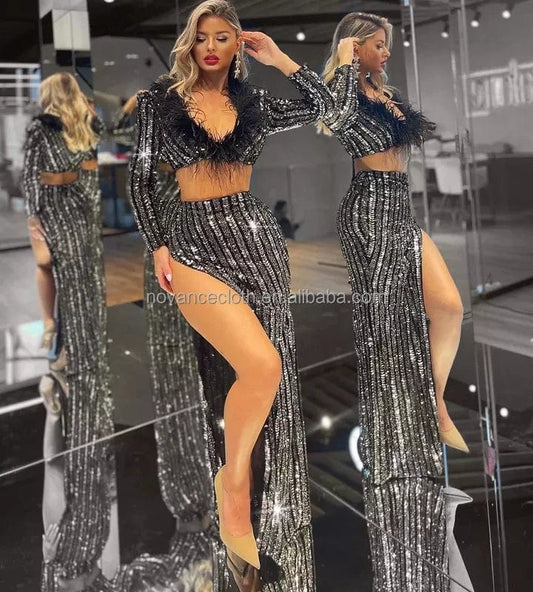 Novance womens clothing new arrivals 2 piece set slit wedding evening dresses 2022 sequined feather tropical vestidos de verano