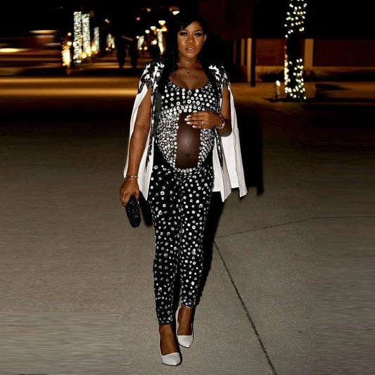 NOVANCE Y2141-B Jumpsuit Women Plus Size Diamond Crystal Bling Bodysuit Black Heel Leggings Square Collars Apparel Womens Wear