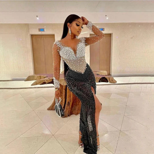 Novance Y2319-B Manufacturer Party Dress Diamond Beaded Robe De Soiree Sexy High Slit Elegant Formal Graduation Dress For Women