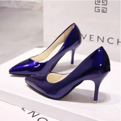 Nude stiletto high heels pointed toe black work single shoes female patent leather blue large size shoes red wedding shoes