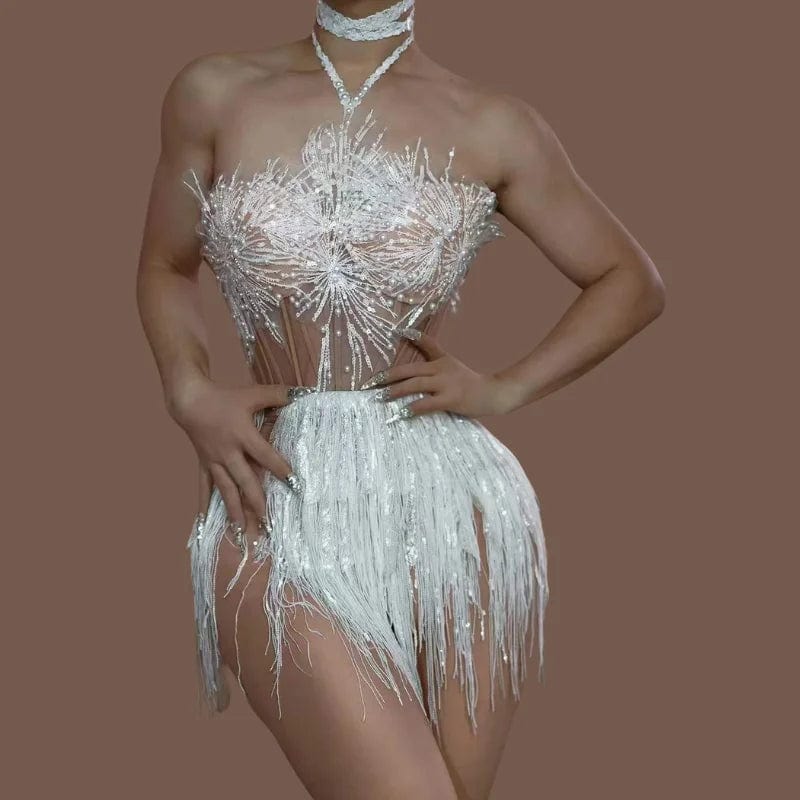 Ocstrade 2023 New Arrival Prom Dress Shiny Pearls Tassel Sexy See Through Mesh Women Mini Performance Dress For Party