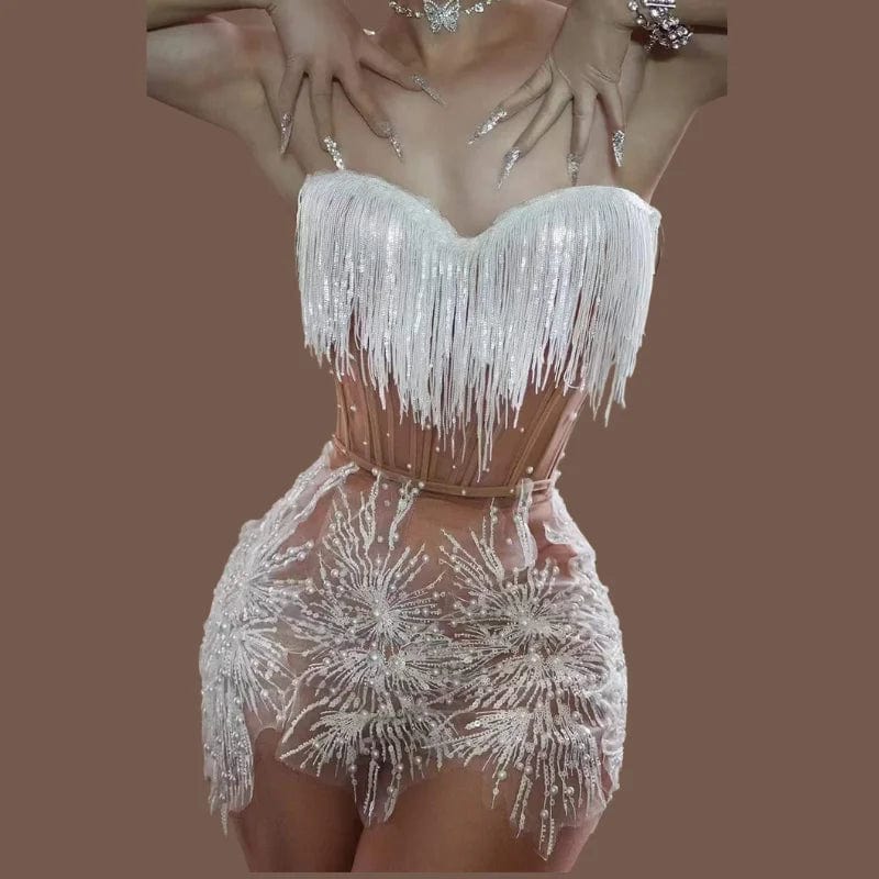 Ocstrade 2023 New Arrival Prom Dress Shiny Pearls Tassel Sexy See Through Mesh Women Mini Performance Dress For Party