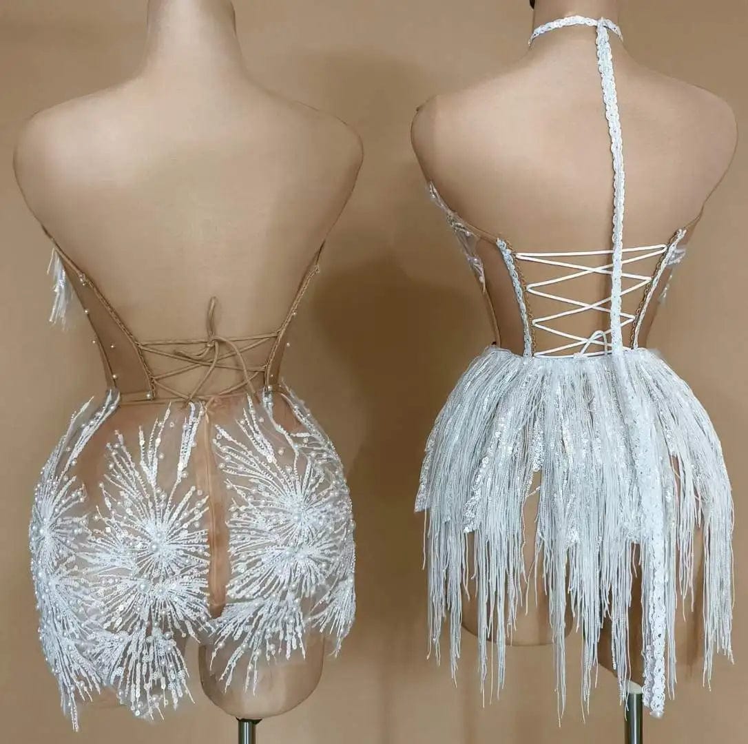 Ocstrade 2023 New Arrival Prom Dress Shiny Pearls Tassel Sexy See Through Mesh Women Mini Performance Dress For Party