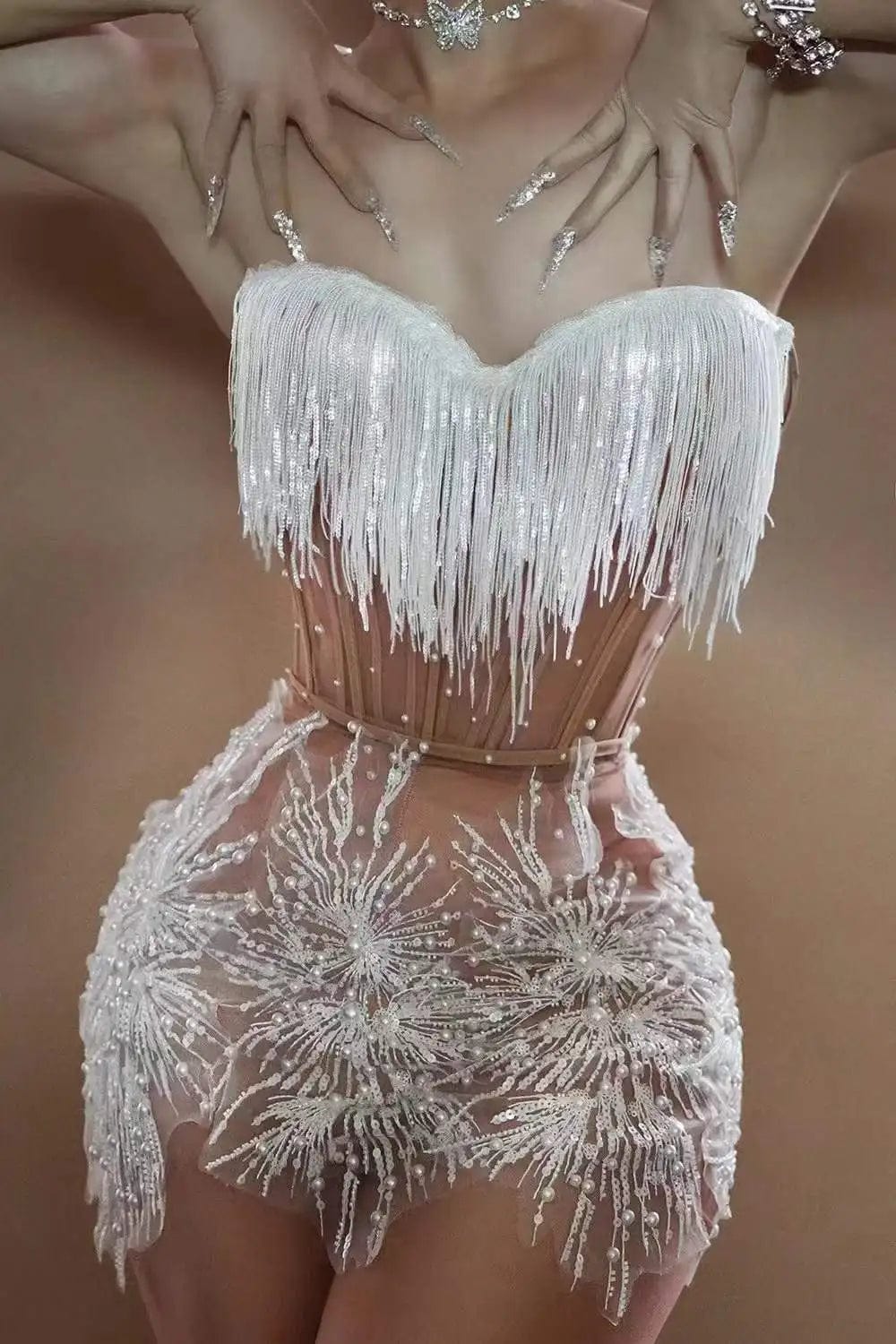 Ocstrade 2023 New Arrival Prom Dress Shiny Pearls Tassel Sexy See Through Mesh Women Mini Performance Dress For Party