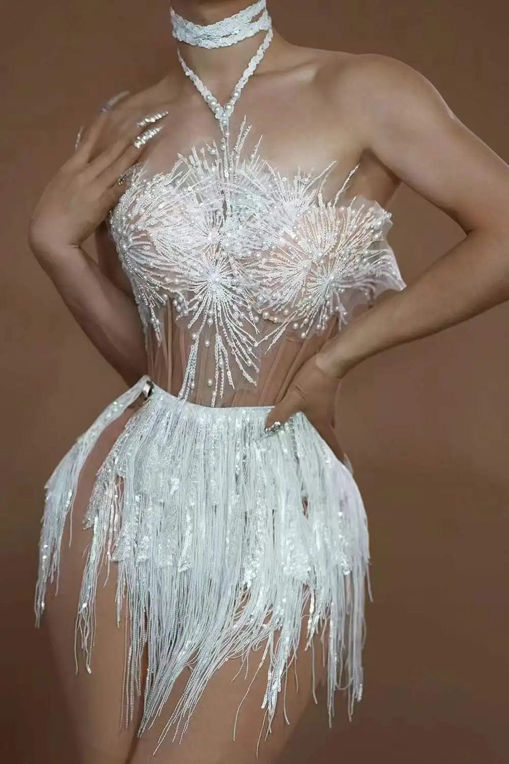 Ocstrade 2023 New Arrival Prom Dress Shiny Pearls Tassel Sexy See Through Mesh Women Mini Performance Dress For Party