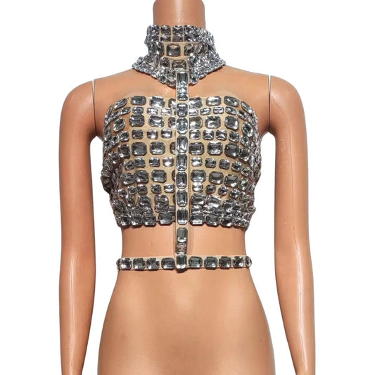 Ocstrade 2024 New Arrival Shiny Crystal Sexy Performance Wear Turtleneck Halter Open Back Hollow Out Para Mujeres Crop Top