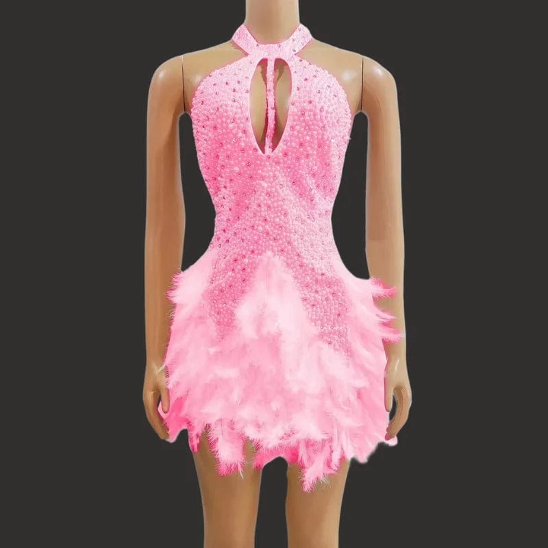 Ocstrade 2024 New Arrivals Halter Hollow Out Sexy Pearls Prom Dress Elegant Night Performance Dress With Feather For Party