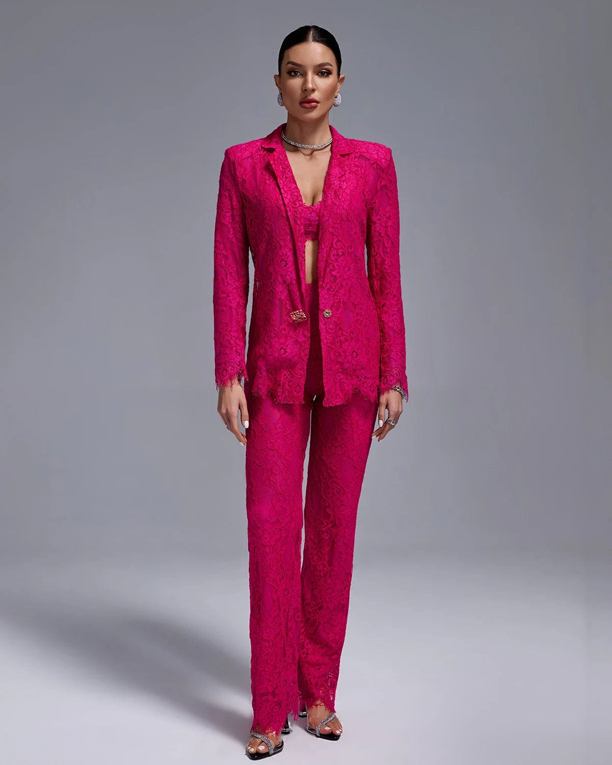 Ocstrade 2024 Spring Fashion Women Suits Set Blazer Lace Transparent Sexy Crop Top Single Breast Blazer Three Pieces Suit