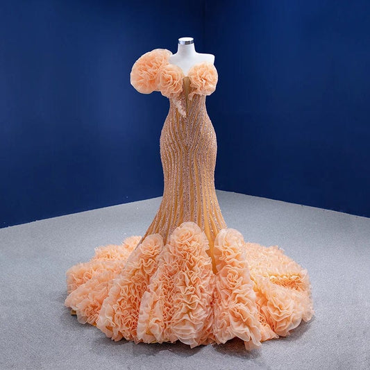 Ocstrade Banquet Luxury Ruffle Shoulder Mermaid Lace Up Sleeveless Flowers Backless Maxi Chic Evening Dress For Women Ladies