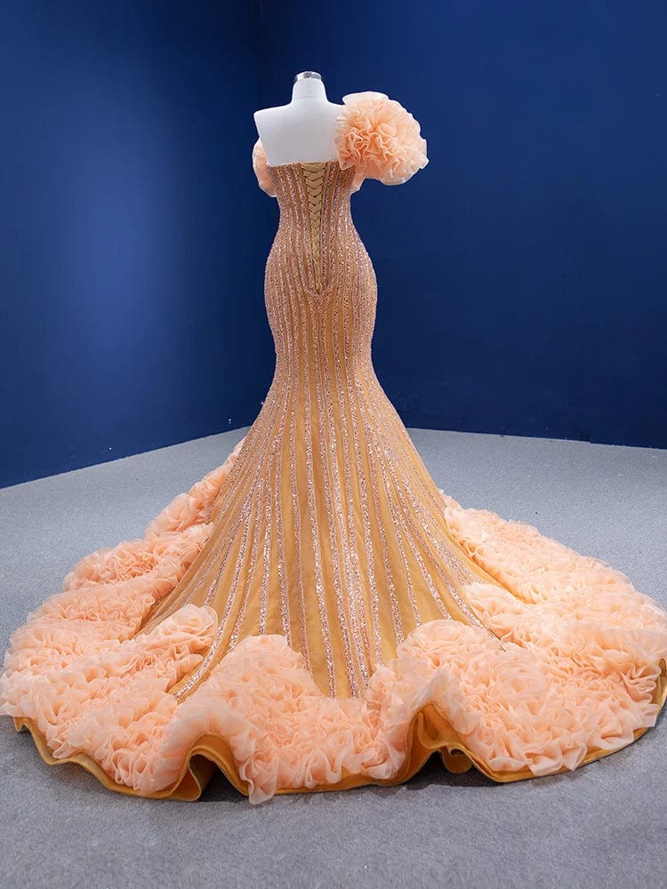 Ocstrade Banquet Luxury Ruffle Shoulder Mermaid Lace Up Sleeveless Flowers Backless Maxi Chic Evening Dress For Women Ladies