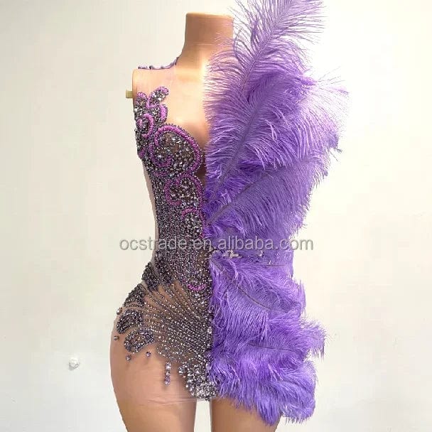 Ocstrade Beaded Sparkly Feather Evening Dress Purple Dresses Women Lady Elegant Sexy Rhinestone Chain Prom Dresses 2023 Short