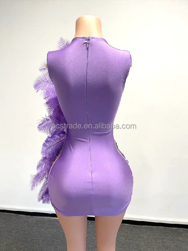 Ocstrade Beaded Sparkly Feather Evening Dress Purple Dresses Women Lady Elegant Sexy Rhinestone Chain Prom Dresses 2023 Short