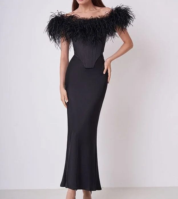 Ocstrade  Black Feather Off The Order Two Piece Bandage Dress Set Black Bodycon Bandage Midi Skirt And Top Set For Women Vestido