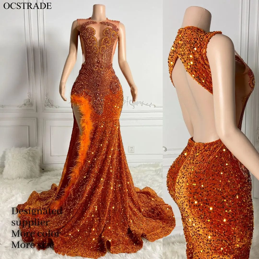 Ocstrade Designer Custom Orange Feather Rhinestone Prom Gowns Evening Dress Party Romantic Women's Sequin Long Prom Dress Sexy