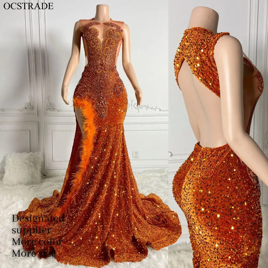 Ocstrade Designer Custom Orange Feather Rhinestone Prom Gowns Evening Dress Party Romantic Women's Sequin Long Prom Dress Sexy
