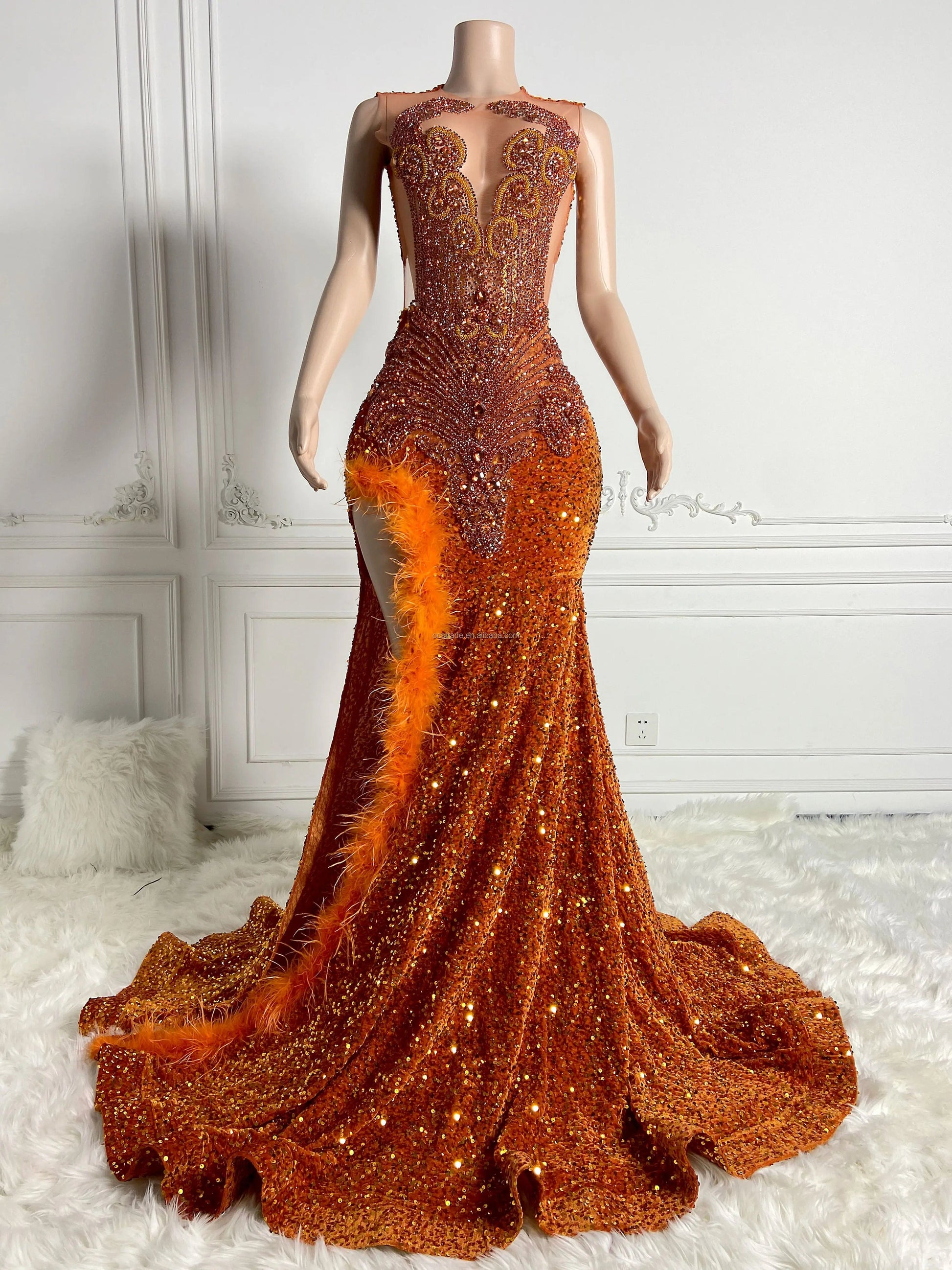Ocstrade Designer Custom Orange Feather Rhinestone Prom Gowns Evening Dress Party Romantic Women's Sequin Long Prom Dress Sexy