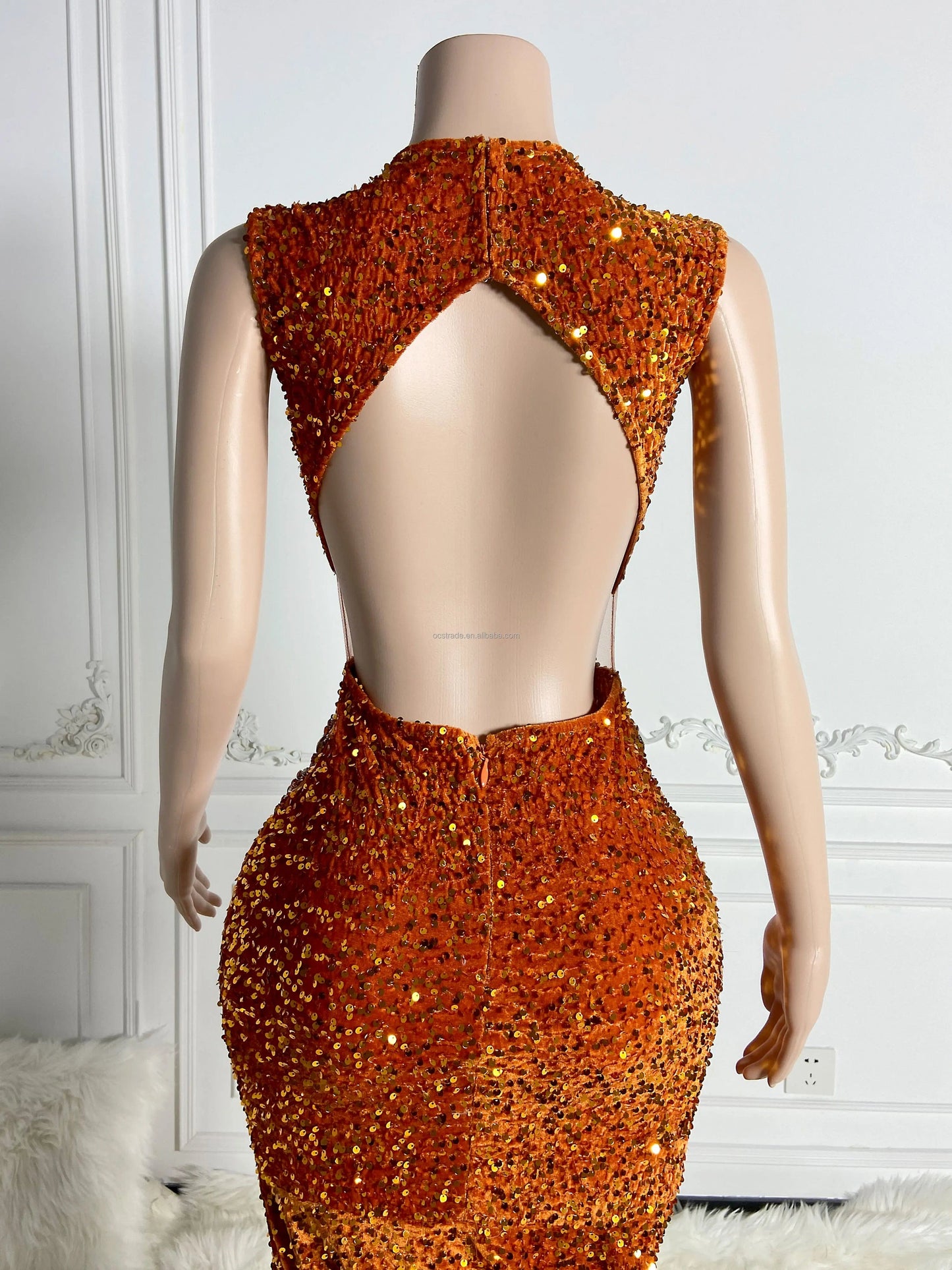 Ocstrade Designer Custom Orange Feather Rhinestone Prom Gowns Evening Dress Party Romantic Women's Sequin Long Prom Dress Sexy