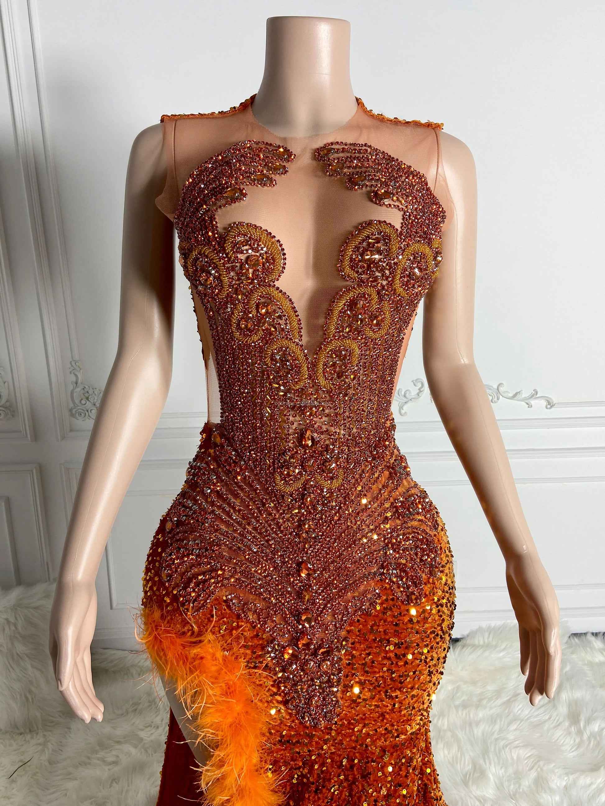 Ocstrade Designer Custom Orange Feather Rhinestone Prom Gowns Evening Dress Party Romantic Women's Sequin Long Prom Dress Sexy
