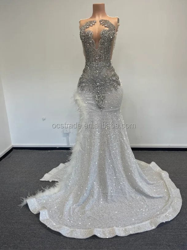 Ocstrade Designer Custom Orange Feather Rhinestone Prom Gowns Evening Dress Party Romantic Women's Sequin Long Prom Dress Sexy