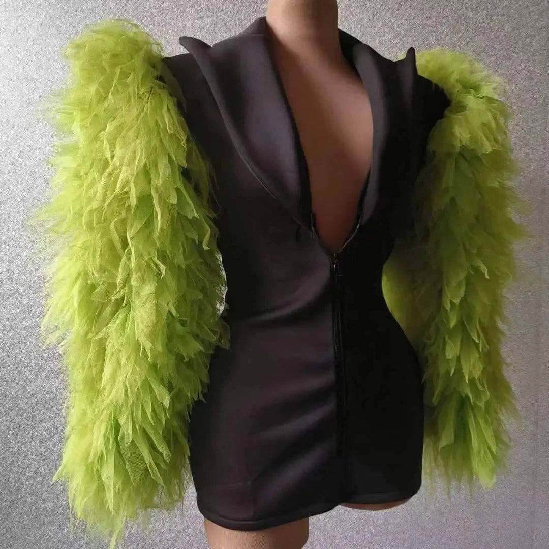 Ocstrade Dropshipping Products 2023 Deep V Neck Women Jacket Coat Green Fluffy Long Sleeve Blazer Concert Performance Costume