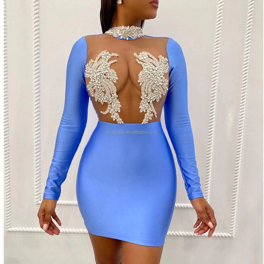 Ocstrade Dropshipping Products 2023 Silver Rhinestone Bodycon Club Dress Women Long Sleeve Diamond  Birthday Dress Elegant Women
