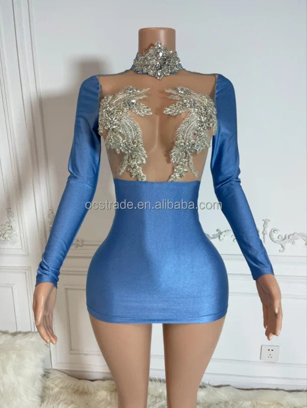 Ocstrade Dropshipping Products 2023 Silver Rhinestone Bodycon Club Dress Women Long Sleeve Diamond  Birthday Dress Elegant Women