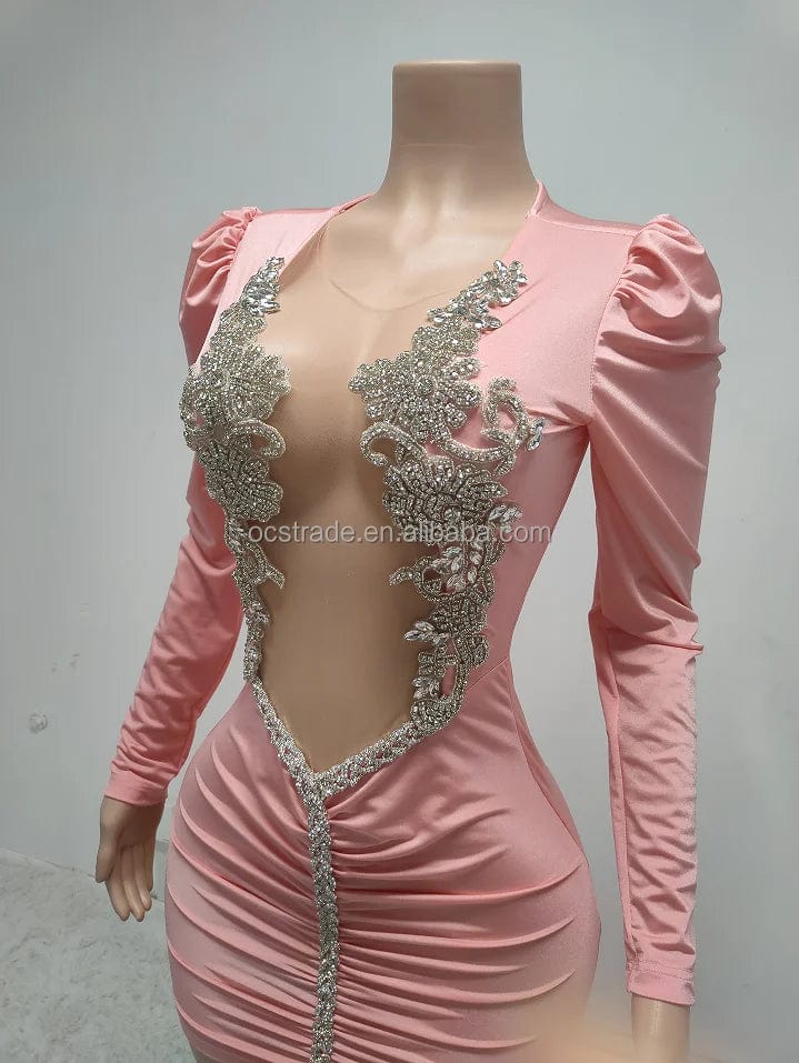 Ocstrade Dropshipping Products 2024 Birthday Pink Hollow Out Silver Rhinestone Women Puff Long Sleeve Casual Dresses Elegant