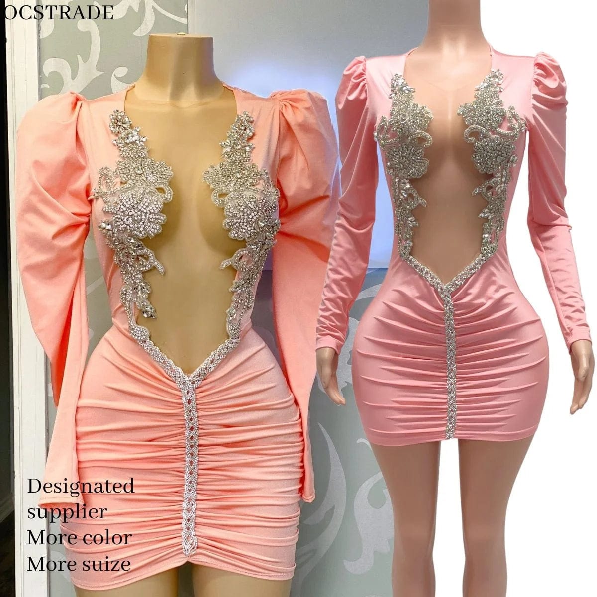 Ocstrade Dropshipping Products 2024 Birthday Pink Hollow Out Silver Rhinestone Women Puff Long Sleeve Casual Dresses Elegant