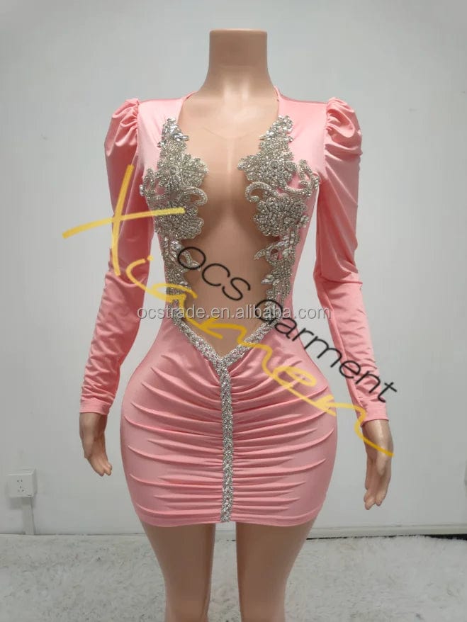 Ocstrade Dropshipping Products 2024 Birthday Pink Hollow Out Silver Rhinestone Women Puff Long Sleeve Casual Dresses Elegant