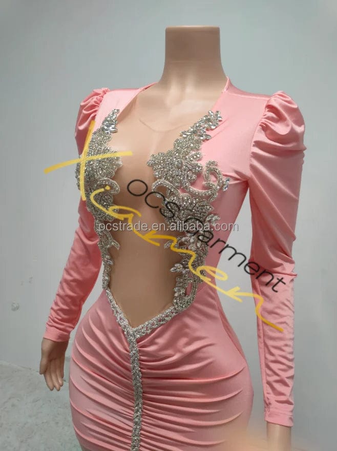 Ocstrade Dropshipping Products 2024 Birthday Pink Hollow Out Silver Rhinestone Women Puff Long Sleeve Casual Dresses Elegant